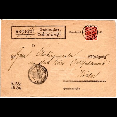 DR 1922, 1 Mk. auf Eisenbahn Dienstsache Brief v. Köln Kalk 