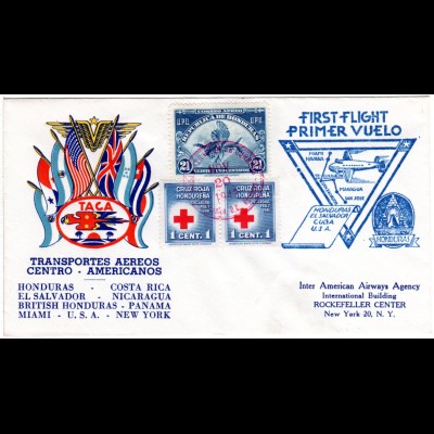 Honduras 1943, 3 Marken auf Erstflug Brief nach USA