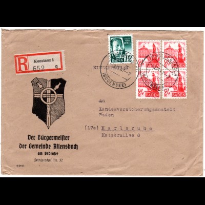 Franz. Zone 1947, 5 Marken auf R-Brief v. Allensbach m. Konstanz Reko-Zettel
