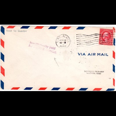 USA 1930, 2 C on cover from Nome Alaska with Insufficiently Prepaid for Air Mail