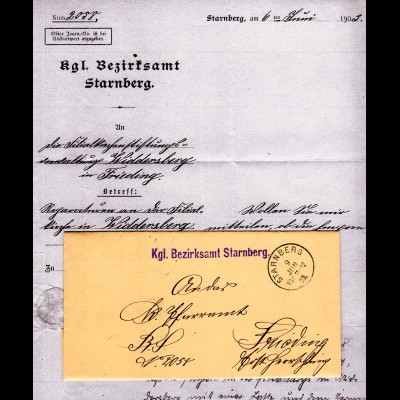 Bayern 1903, K1 STARNBERG auf Amtsbrief bzgl. Reparation d. Kirche Widdersberg
