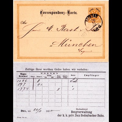 Österreich 1890, 2 Kr. Ganzsache m. rücks. Dux-Bodenbacher Eisenbahn Zudruck.