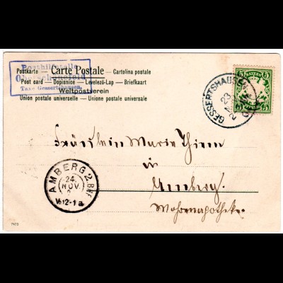 Bayern 1904, Posthilfstelle OBERSCHÖNEFELD Taxe Gessertshausen auf Karte m. 5 Pf