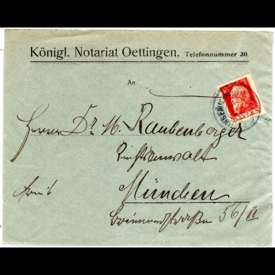 Bayern 1912, Reservestpl. OETTINGEN (SCHWABEN)1 R auf Brief m. 10 Pf.
