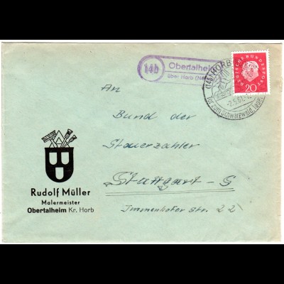 BRD 1961, Landpoststempel OBERTHALHEIM über Horb auf Fimen Brief m. 20 Pf.