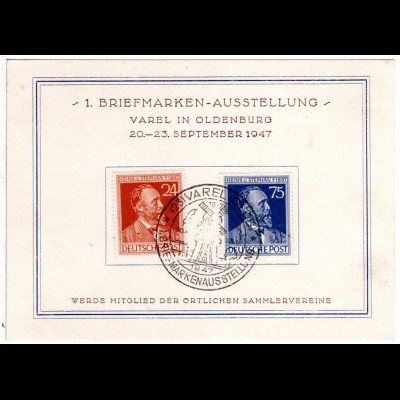 1947, Sonderkarte 1. Briefmarken-Ausstellung Varel m. entpr. Sonderstpl.