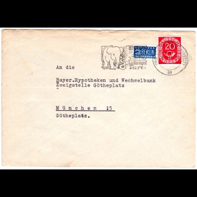 BRD 1952, Zoo-Werbestempel v. Stuttgart m. Abb. Elefant auf Brief m. 20 Pf.