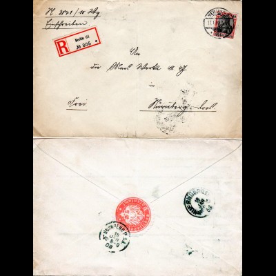 DR 1908, EF 40 Pf. Germania auf Patentamt Einschreiben Brief v. Berlin n. Bayern