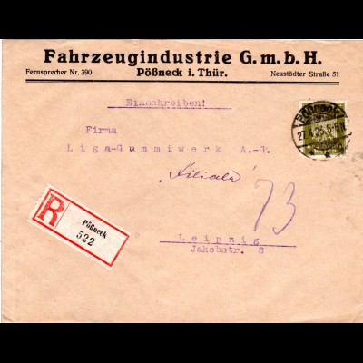 DR 1925, EF 40 Pf. Germania auf Firmen Einschreiben Brief v. Pössneck