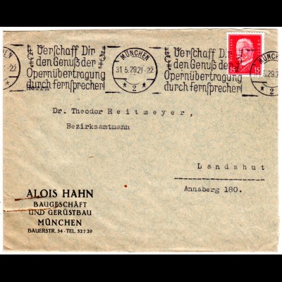 DR 1929, Werbestpl. ...Opernübertragung durch Fernsprecher! auf Brief v. München