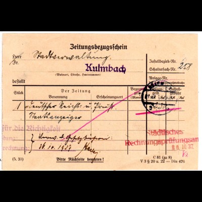 DR 1937, Postformular Zeitungsbezugschein m. Empfangsbescheinigung v. KULMBACH