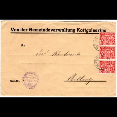 Bayern 1920, 3x10 Pf. Dienst auf Gemeinde Brief v. KOTTGEISERING m. K2 Grafrath