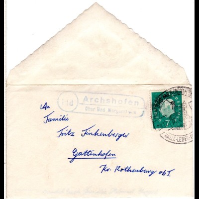 BRD 1961, Landpost Stpl. 14d ARCHSHOFEN über Bad Mergentheim auf Brief m. 7 Pf.