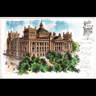 Gruss aus Berlin m. Reichstagsgebäude u. Pferdetram, 1902 gebr. Litho-AK