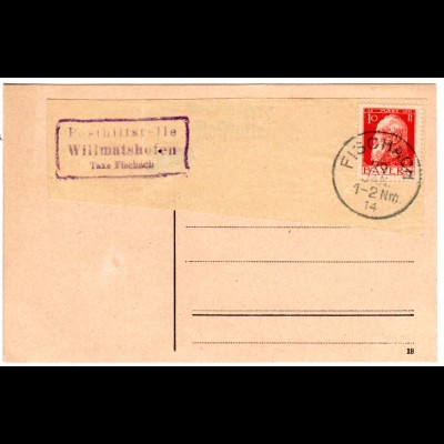 Bayern 1914, Posthilfstelle WILLMATSHOFEN Taxe Fischach auf Briefstück m. 10 Pf