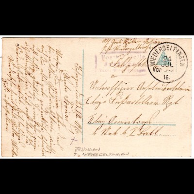 Bayern 1916, Posthilfstelle Jrsingen Taxe Wiedergeltingen auf Feldpostkarte 