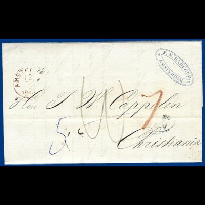 Niederlande 1860, Porto Brief v. Amsterdam n. Norwegen via Hamburg. #S339