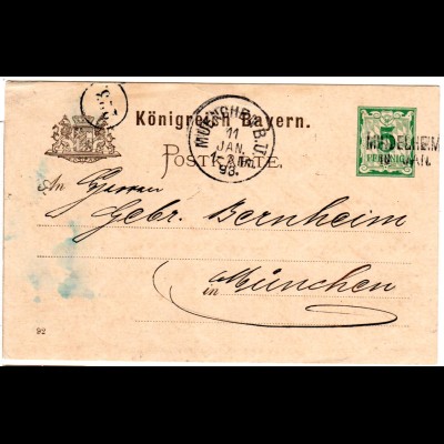 Bayern 1893, Aushilfstpl. L1 MINDELHEIM sauber auf 5 Pf. Ganzsache