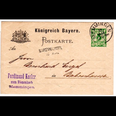Bayern 1898, Aushilfstpl. L1 BABENHAUSEN als Ank.Stpl. auf Ganzsache m. 5 Pf. 