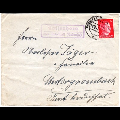 DR 1942, Landpost Stpl. KATTENHORN über Radolfzell auf Brief m. 12 Pf.