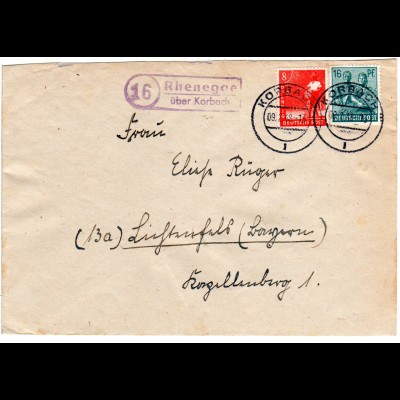 1948, Landpost Stpl. 16 RHENEGGE über Korbach auf Brief m. 8+16 Pf.