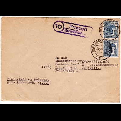 1947, Landpost Stpl. 10 FRIESEN über Reichnebach auf Brief m. MeF 2x12 Pf.