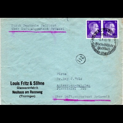DR 1944, 2x 6 Pf. auf Auslands Brief v. Neuhaus/Rennweg n. Belgien. Europaporto!