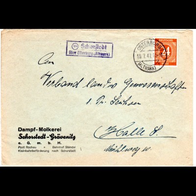 1947, Landpost Stempel SCHORSTAEDT über Osterburg auf Molkerei Brief m. 24 Pf.