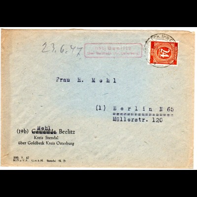 1947, Landpost Stempel 19b BEELITZ über Goldbeck auf Brief m. 24 Pf.