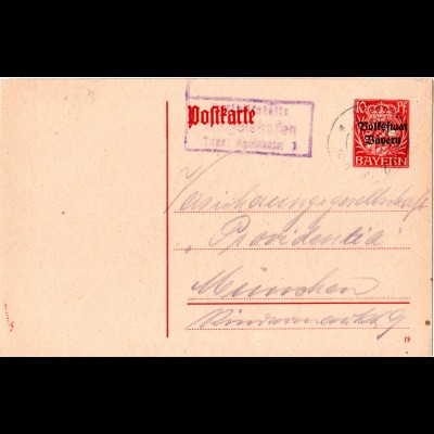 Bayern 1919, Posthilfstelle WEIGELSHOFEN Taxe Egolsheim auf 10 Pf. Ganzsache.