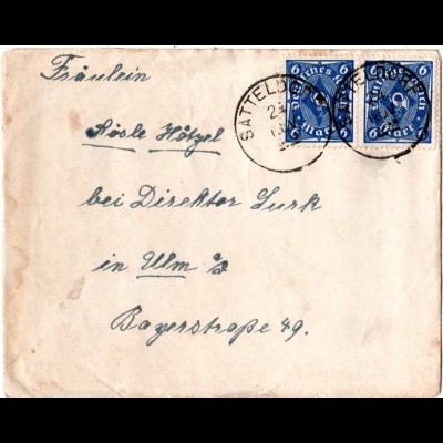 DR 1922, MeF waagr. Paar 6 Mk. auf portorichtigem Brief m. Inhalt v. Satteldorf