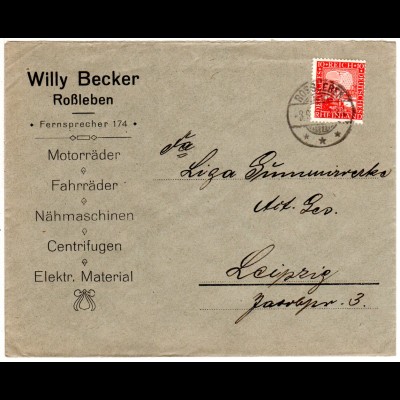 DR 1925, 10 Pf. auf Motorräder-Fahrräder-Nähmaschinen Firmen Brief v. Roßleben