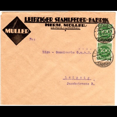 DR 1923, MeF 2x300 Mk. auf Firmen Orts-Brief (21-100 Gramm) v. Leipzig-Lindenau