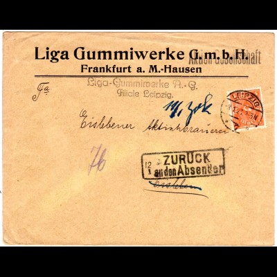 DR 1923, EF 5 Mk. auf Retour Brief v. Leipzig n. Eisleben m. Zurück-Stpl.