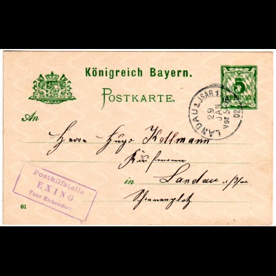 Bayern 1902, Posthilfstelle EXING Taxe Eichendorf klar auf 5 Pf. Ganzsache