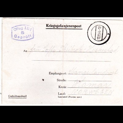 DR 1944, KGF Zensurbrief v. Oflag XXIc Schildberg, Wartheland n. Hamar, Norwegen
