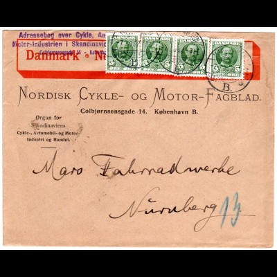 Dänemark 1908, 4x5 öre auf Umschlag Nordisk Cycle- Og Motor- Fagblad 
