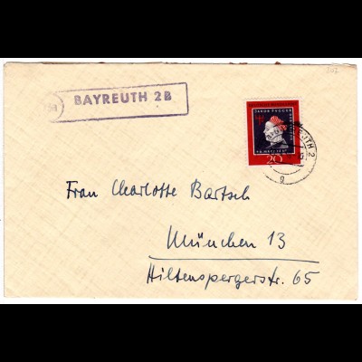 BRD 1959, Landpoststempel 13a BAYREUTH 2 B auf Brief m. 20 Pf.