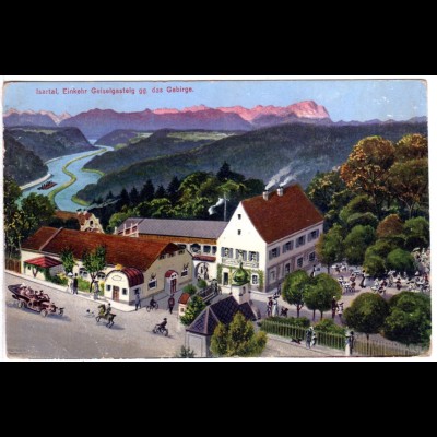 Einkehr Geiselgasteig im Isartal, 1917 gebr. Gasthaus Farb-AK m. 