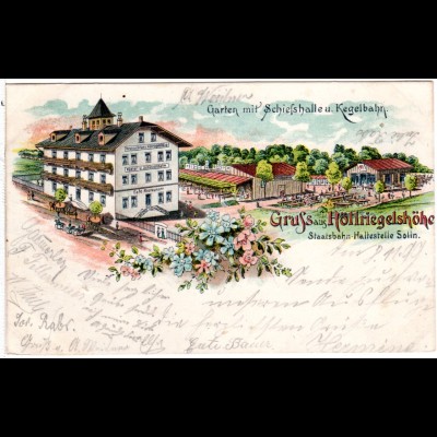 Gruss aus Höllriegelshöhe m. Restauration/Gasthaus, 1899 gebr. Litho-AK