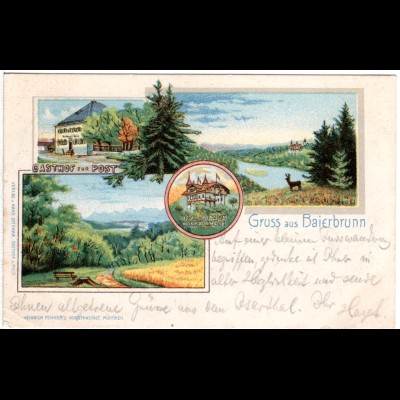 Gruss aus Baierbrunn m. Gasthaus zur Post, 1901 gebr. Litho-AK