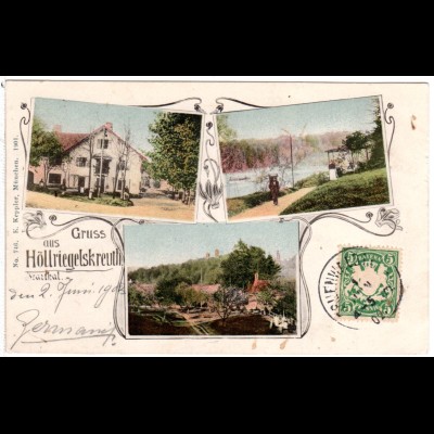 Gruss aus Höllriegelskreuth m. Gasthaus, 1902 gebr. Farb-AK