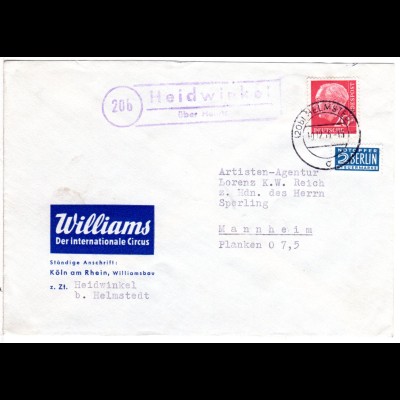 BRD 1955, Landpoststempel HEIDWINKEL über Helmstedt auf Zirkus Williams Brief