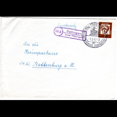 BRD 1962, Landpost Stempel 14b DETTINGEN über Tübingen auf Brief m. 7 Pf.