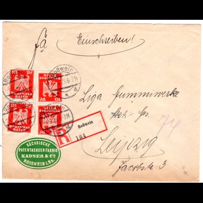DR 1925, MeF 4x10 Pf. auf Firmen Einschreiben Brief v. Rosswein n. Leipzig.