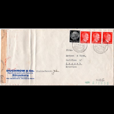 DR 1942, 1+3x8 Pf. auf Zensur Brief v. Bünaburg über Bodenbach n. Kroatien