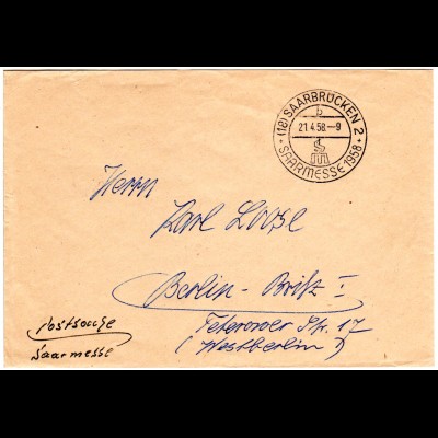 Saarland 1958, portofreier Postsache Brief m. Saarbrücken Saarmesse Sonderstpl.