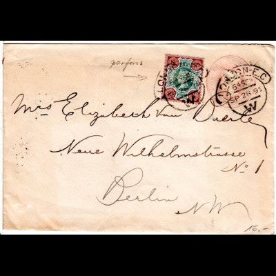 GB 1899, 4d m. perfin auf 1d Ganzsache Brief v. London n. Berlin.
