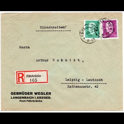 DR 1929, 5+40 Pf. auf Firmen Reko Brief m. kl. K1 FÄHRBRÜCKE