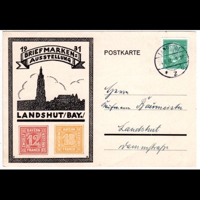 DR 1931, 5 Pf. auf Sonderkarte Briefmarkenausstellung Landshut m. Bayernmarken
